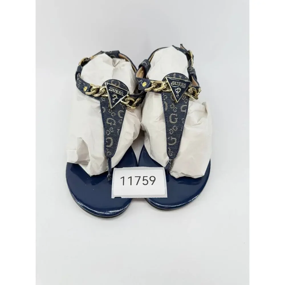 GUESS GFSIA Womens Navy Gold Logo Chain Thong Sandals Size 7 Pre-Owned